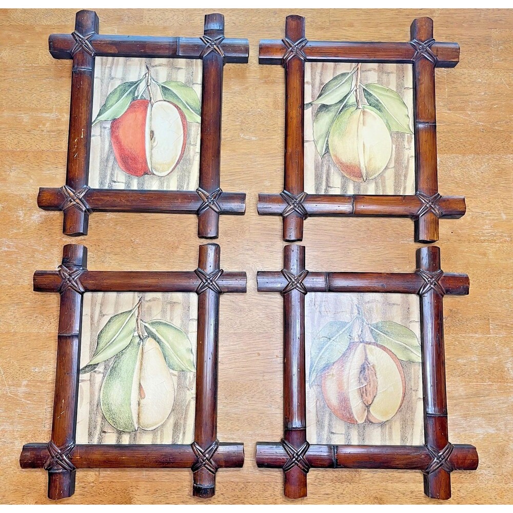 Vintage Faux Bamboo Framed Fruit Wall Art Plaques Set of 4 Cottagecore Kitchen